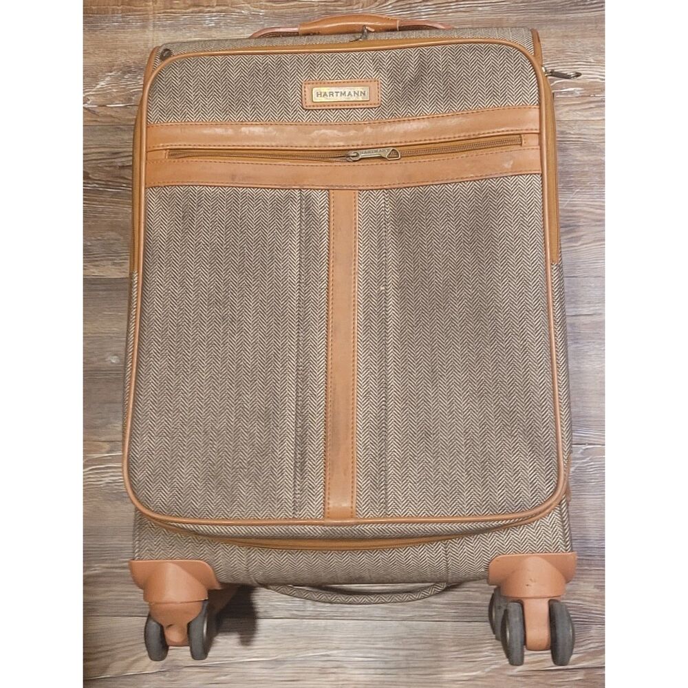 Hartmann Tweed Herringbone Carry On Spinner Suitcase Leather Trim Luggage